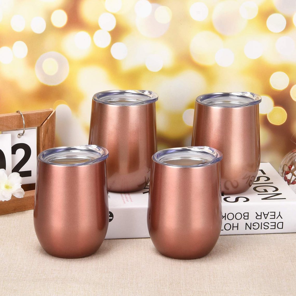 4 Pack Rose Gold Wine Tumbler Insulated Stainless Steel Stemless Double Wall Vacuum Wine Glasses 2700