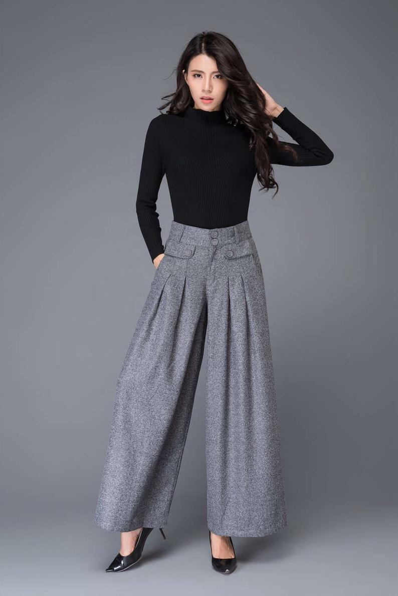 Wide Leg palazzo pants in Gray Maxi wool pants womens pants » Petagadget