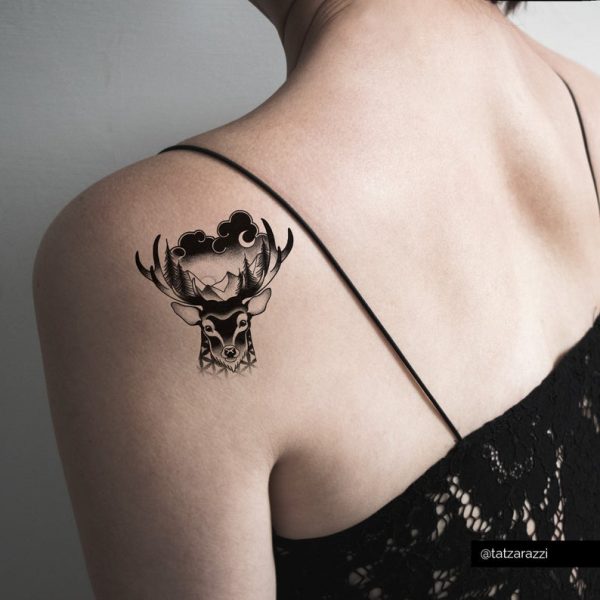 Deer Head Temporary Tattoos Dotwork Black White Antlers Nature » Petagadget