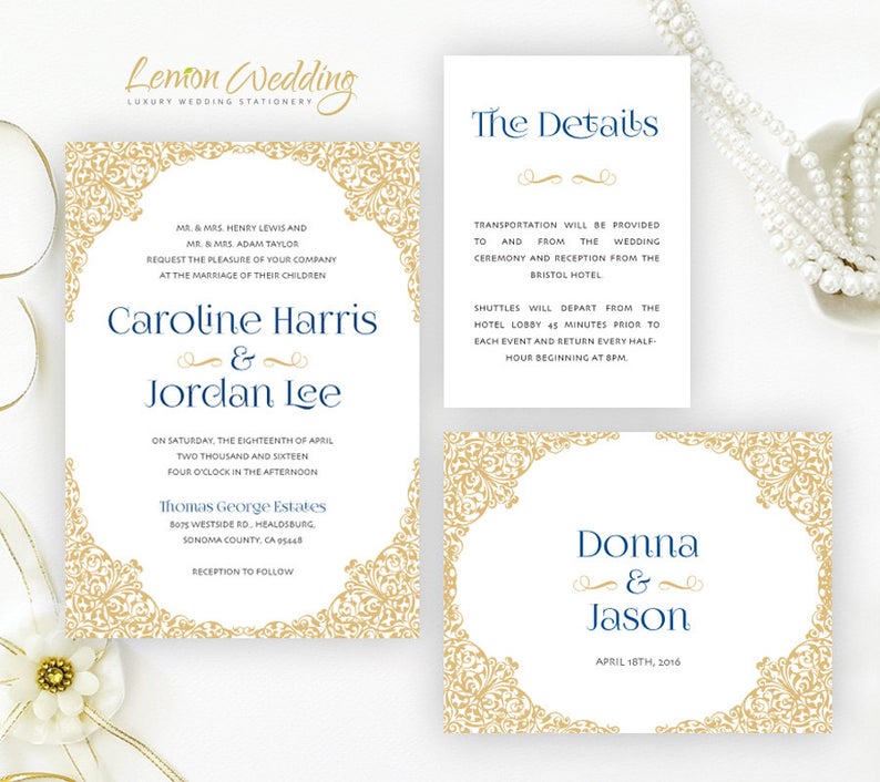 PRINTED Gold and navy wedding Invitations sets Victorian » Petagadget