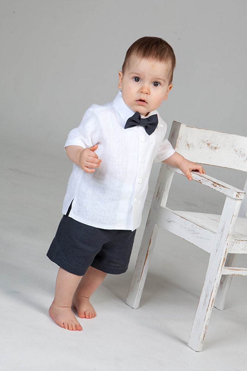 Baby boy linen suit Gray shorts White shirt Ring bearer outfit » Petagadget