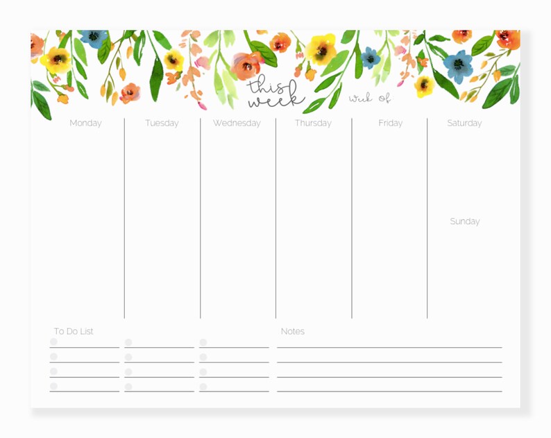 Floral Weekly Planner Notepad  Notepad Planner  Large Weekly