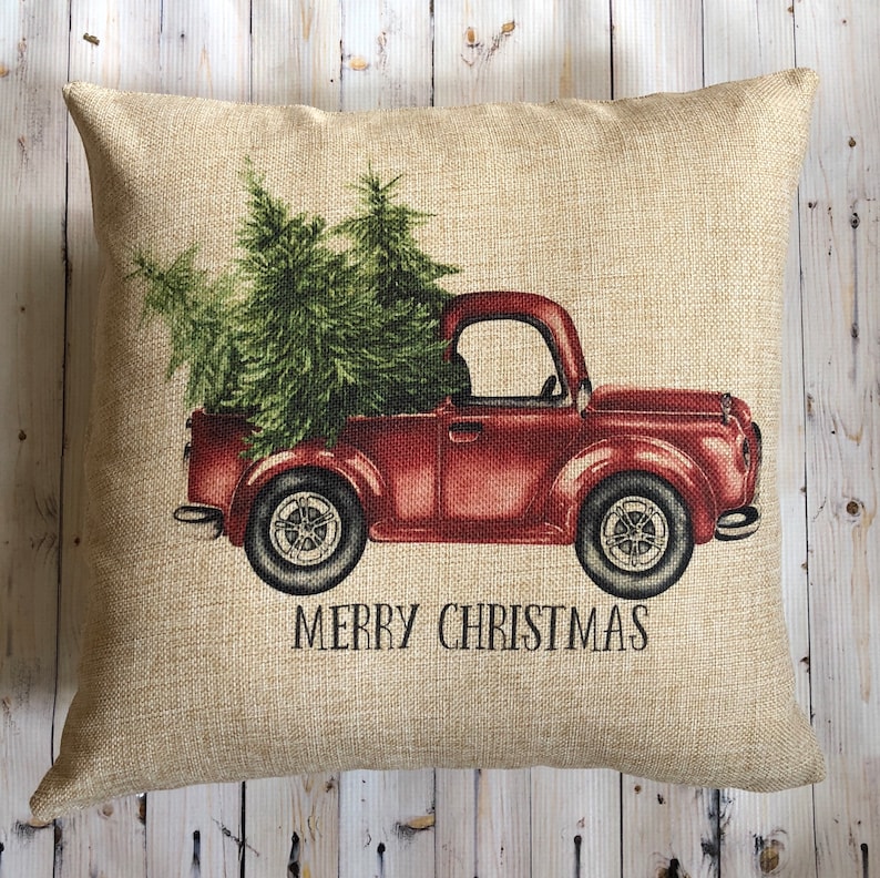 Christmas Pillow  Red Truck Pillow Vintage Christmas Pillow
