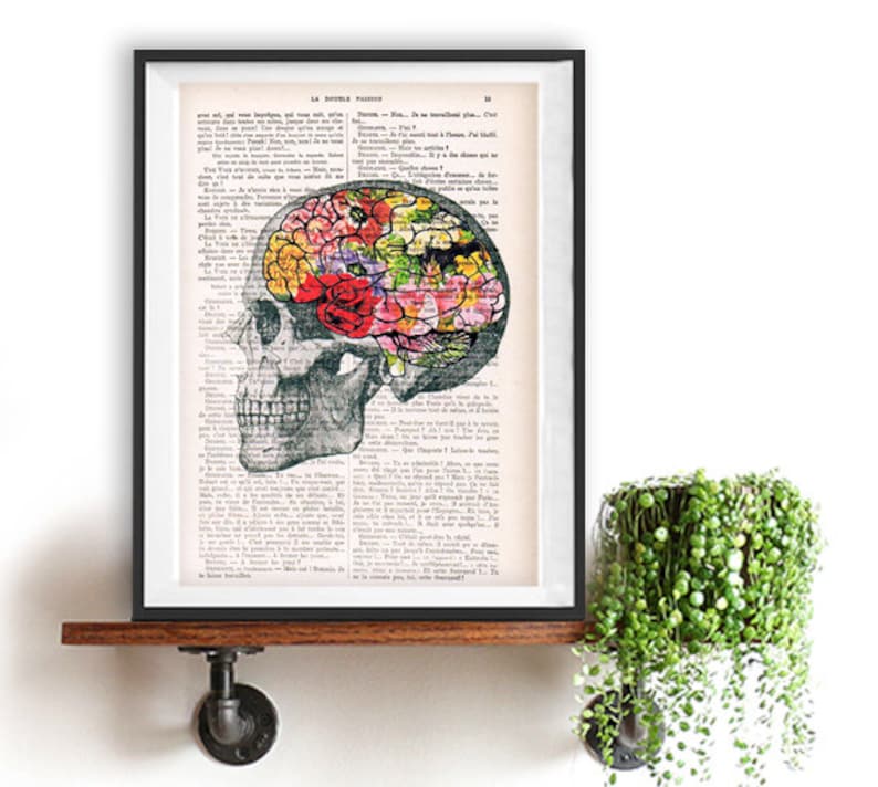 Art Print Flowery Brain collage Printed on Vintage Dictionary