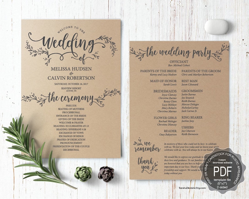 Rustic Wedding Program PDF card template instant download » Petagadget