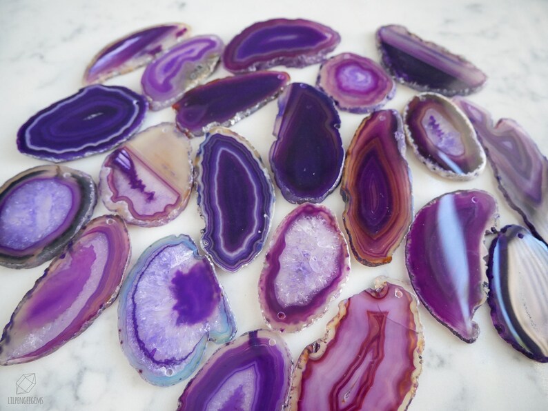 PURPLE agate slice stones.  DRILLED raw agate slices. purple