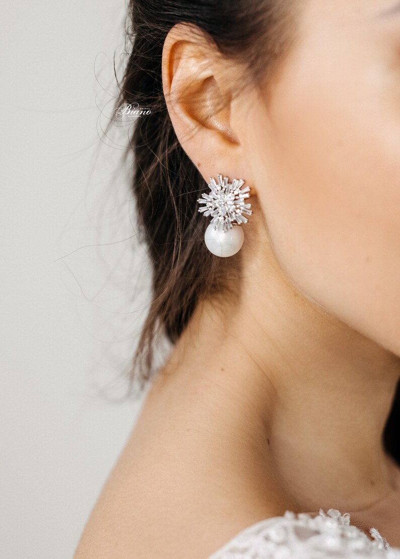 Wedding gold rose earrings Bridal earrings Pearl Crystal