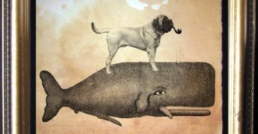 English Mastiff Dog Riding Whale  Vintage Collage Art Print on